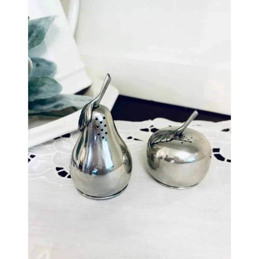 Vintage Kirk Stieff Lenox Pewter Apple & Pear Salt‎ & Pepper Shakers Fruit EUC